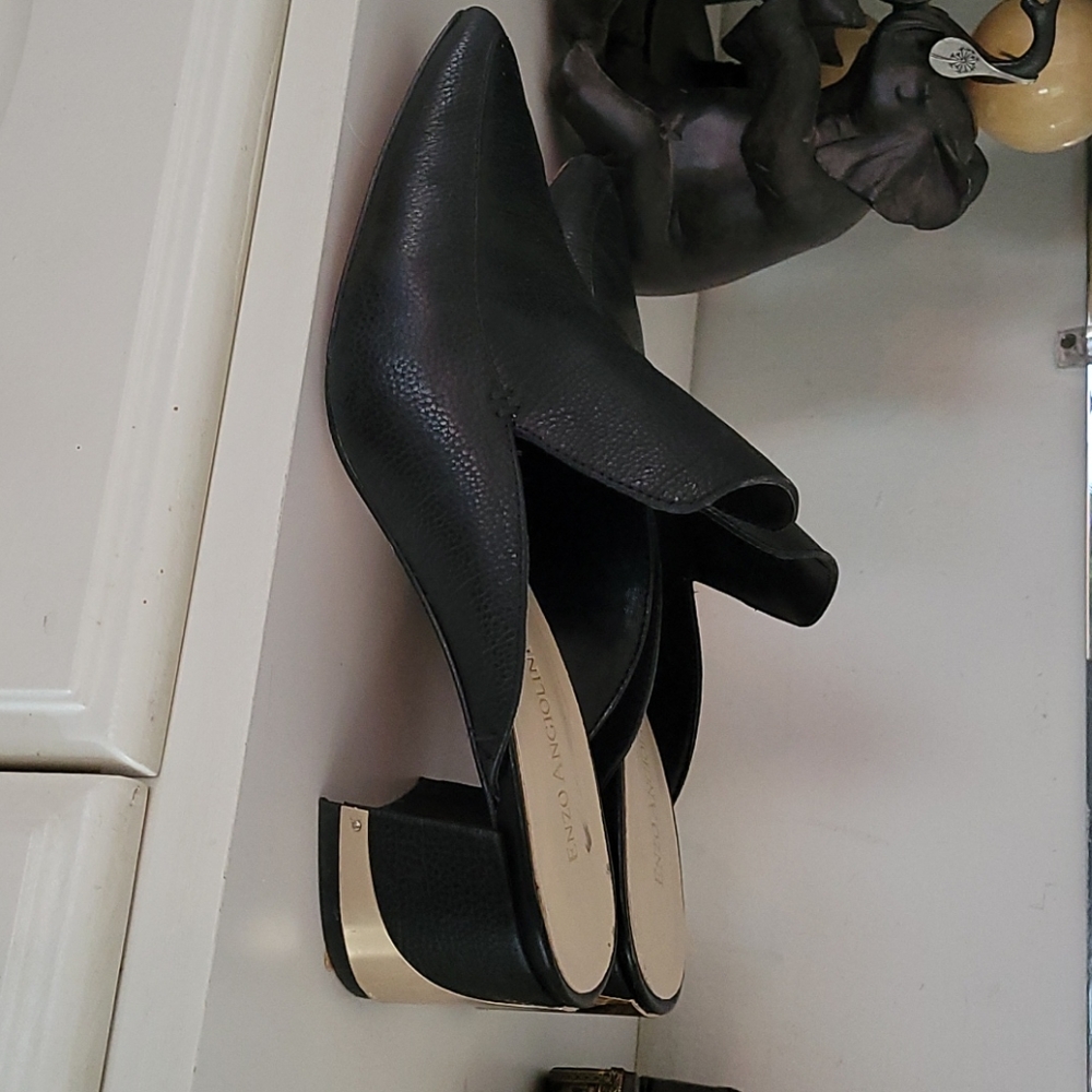 Black leather slip ons
